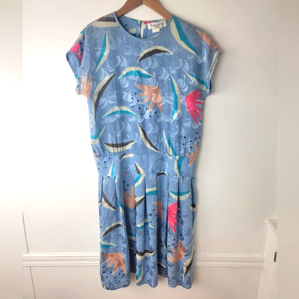 Vintage 80's Argenti Petite 100% Silk Womens Dress 8P Dropped Waist Floral